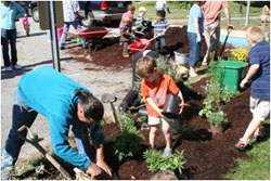 children planting shrubs montessori school